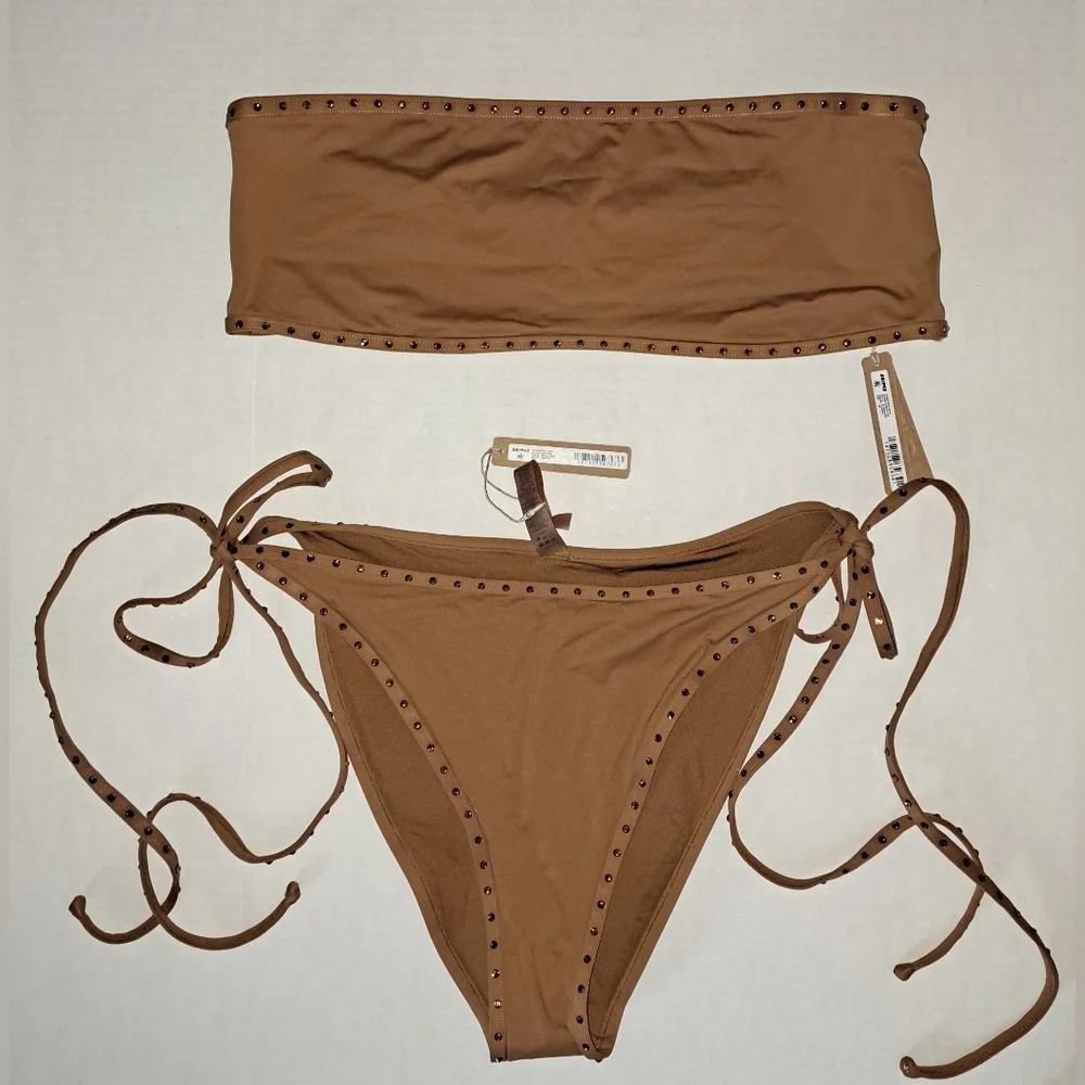 ❤️NWT SKIMS 2 Piece Rhinestone Swim Bandeau Top tie String Bikini Nude ALMOND 3X